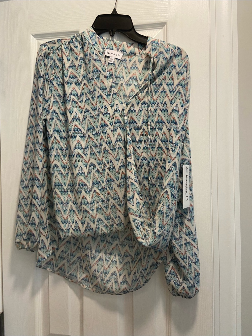 Veronica M Teal & White Printed Long-Sleeve Blouse